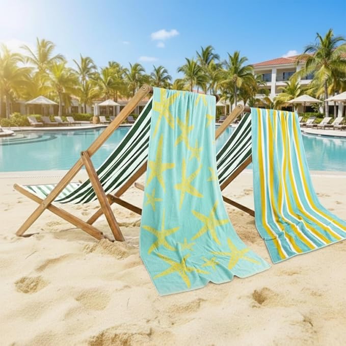 CASA COPENHAGEN Miami Towel 2Pcs Starfish Teal - Teal Stripe Designer Stripe Beach Towels Set, 35"x70" Oversized 100% Cotton Pool Bath Towel for Beach (Gift Set for Women & Men)