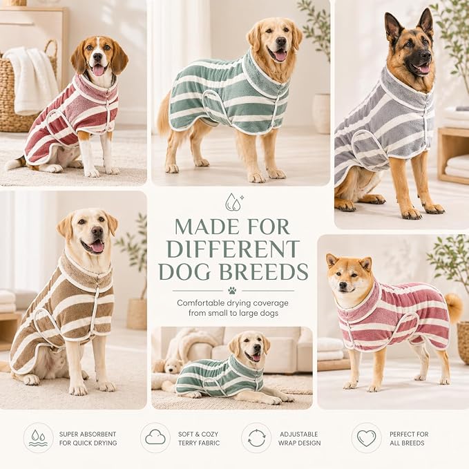 Dog Robe, Towels for Dogs After Bath, Dog Bathrobe for Drying Dogs, Fast Drying Super Absorbent Striped Dog Towel Wrap, Adjustable Warm Pet Bath Supplies (Grey, Medium)