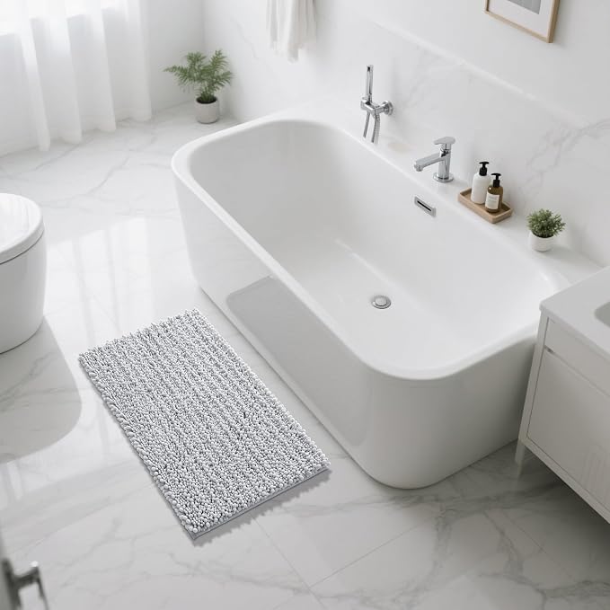 Yimobra Large Bathroom Rugs Non Slip Washable 36x24 Inch - Ultra Soft Absorbent Chenille Bath Mat, Quick Dry Shaggy Floor Carpet for Tub Shower, Silver Home Decor Accessories