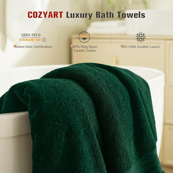 COZYART Luxury Bath Towels 4 PCS, 27x54 650 GSM Turkish Cotton, Dark Green | Zero Twist 100% Ring Spun Cotton, Fluffy, Ultra Soft, Super Absorbent, Quick Dry, Large Towels for Hotel Spa Bathroom Shower