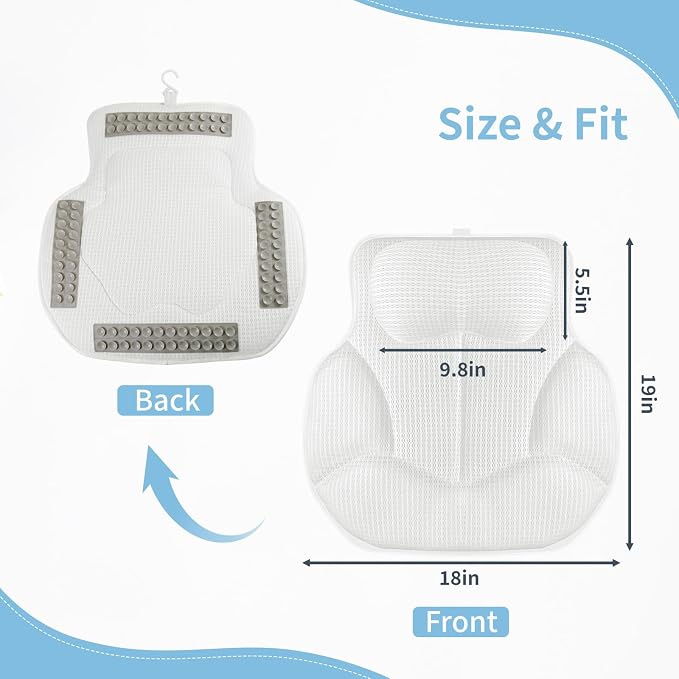 Thickened Anti-Slip Bath Pillow for Tub, 88 Powerful Suction Cups, 5D Mesh Fabric, Ergonomic Head Neck Back Support, Quick Drying and Machine Washable, Luxury Spa Gift for Women