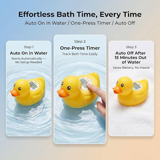 Baby Bath Thermometer with Smart Temperature Alert, Accurate Digital Water Thermometer, Adjustable High Temp Alert for Newborns, Floating Duck Toy with Timer, LED & Sound Alarm, BPA-Free, Waterproof