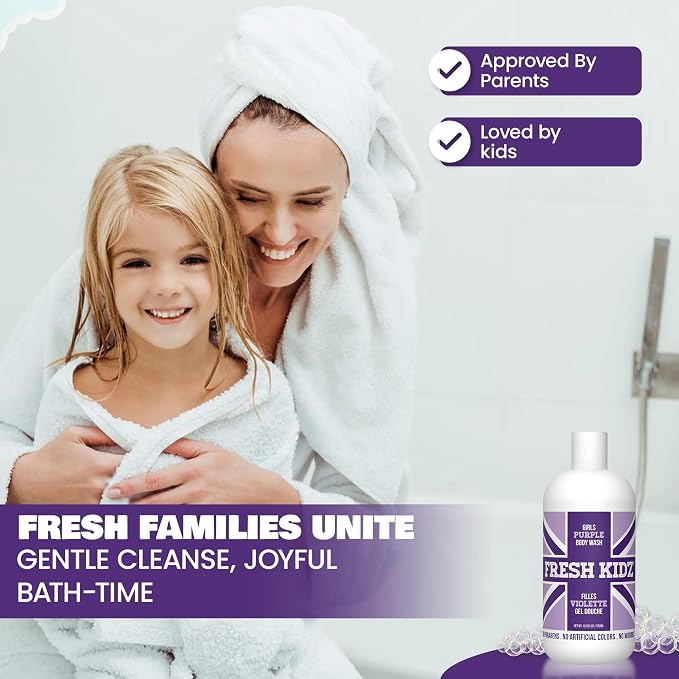 Fresh Kidz Body Wash for Kids and Teens - Gentle Bath and Shower Cleanser for All Skin Types - Girls Purple, 16.9 Fl. oz.