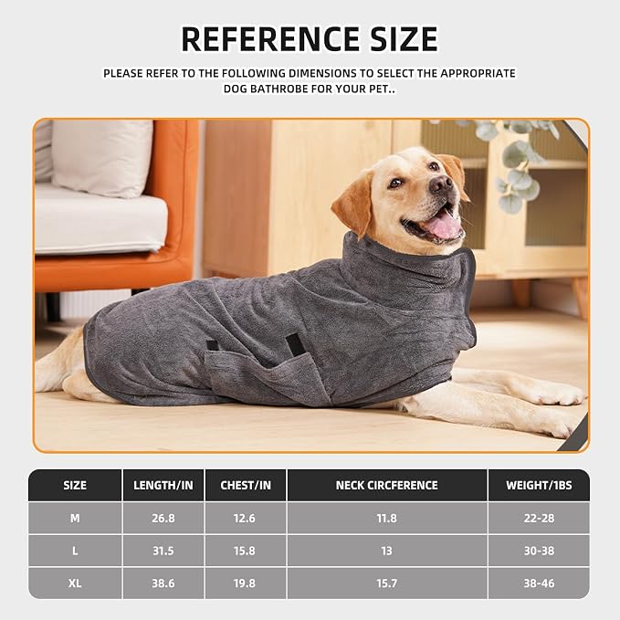 Dog Bathrobe, Quick Drying Super Absorbent Dog Robes for After Bath, Warm Keeping Dogs Towel, Dogs Bath Supplies, Comfortable Soft Drying Coat(X-Large, Grey)