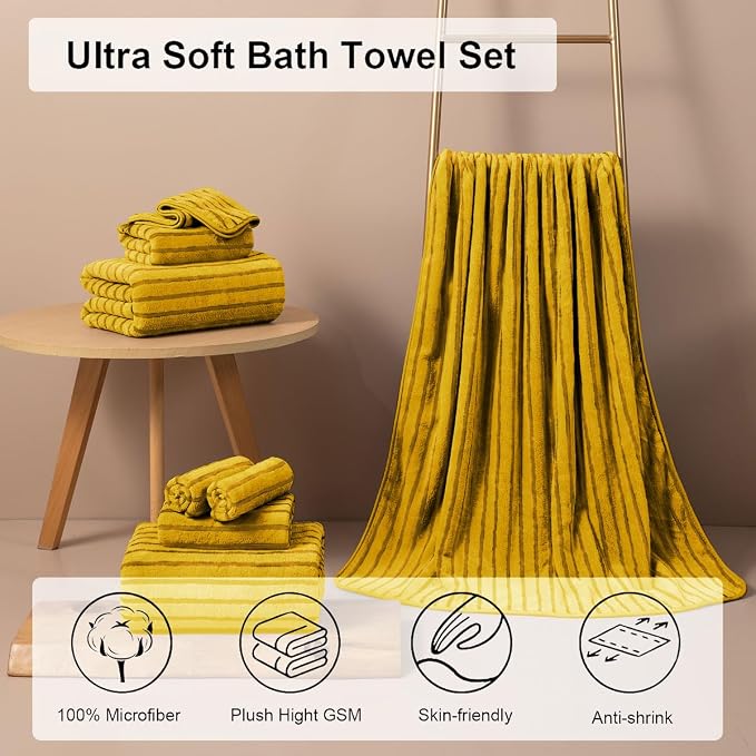 8 Pcs Yellow Cabana Stripe Polyester Bath Towel Set Oversize Bath Sheet-2 Bathroom Towels,2 Hand Towels,4 Washcloths Soft Jumbo Towels Absorbent Shower Towel Quick Dry Beach Chair Towel for Spa Gym