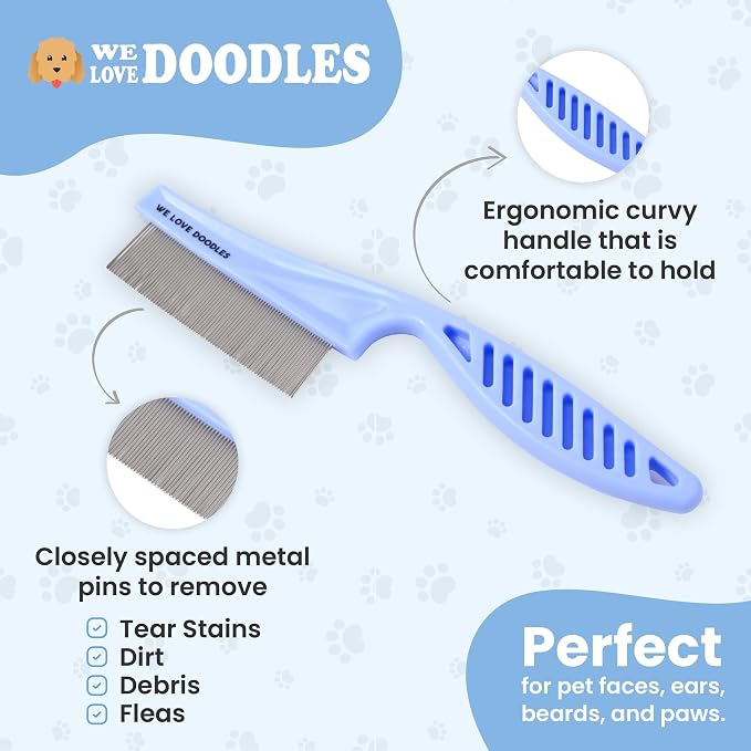 Dog Face Comb, Flea Comb for Dogs, Fine Tooth Tearstain Remover Metal Comb, Removes Crust, Mucus, and Stains, Face Brush for Poodles & Other Breeds, Grooming Brush for Pets, Small [We Love Doodles]