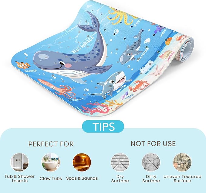 SHUCHING Baby Bath Mat for Tub Non Slip-40x16 Inch, Blue Ocean Animal | Bathtub Mat for Kids & Toddler Mold Free, Long Shower Mat for Inside Shower with Suction Cup, Machine Washable