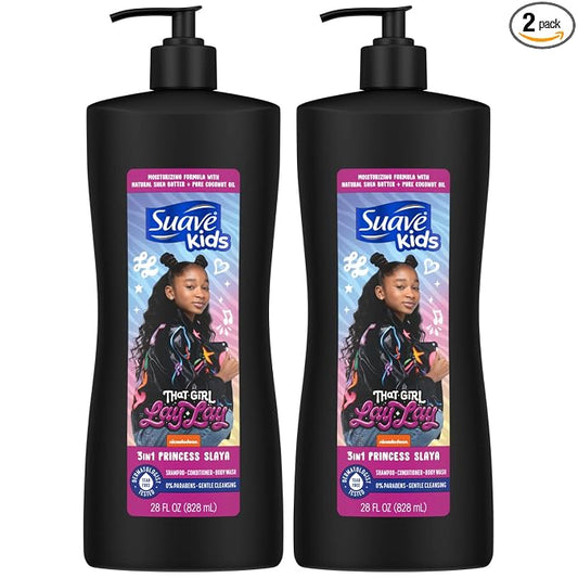 Suave Kids 3-in-1 Shampoo - That Girl Lay Lay Princess Slaya Tear-Free Kids Shampoo, Conditioner & Body Wash, Soap, 28 Fl Oz (Pack of 2)