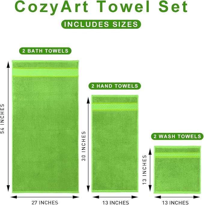 COZYART Green Bath Towel Set 6 Piece, 100% Zero Twist Ring Spun Turkish Cotton 650GSM, Ultra Soft Absorbent Fast Dry Hotel Quality Bathroom Towels