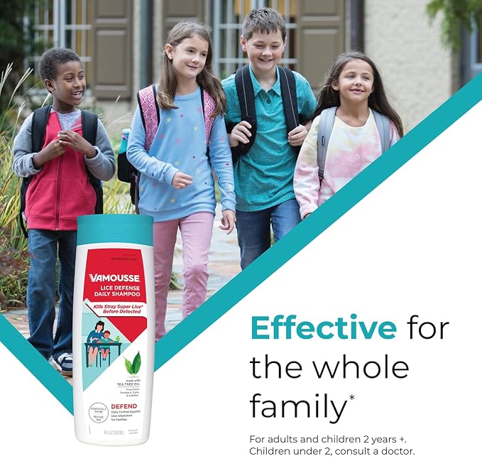 Vamousse Head Lice Defense Daily Shampoo, Homeopathic Pesticide-Free Formula with Tea Tree Oil, After Exposure Defense for Kids &Family, Paraben, Sulfate & Dye Free, 13.5 Oz