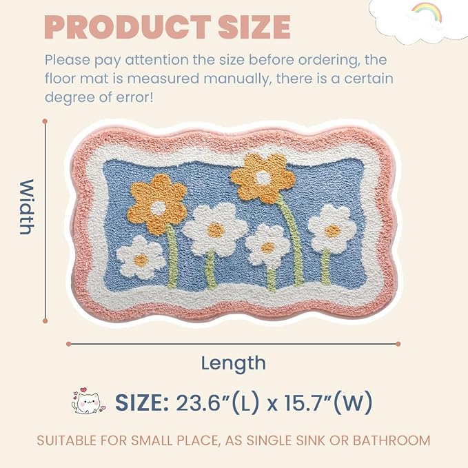 Simplicity Flower Bathroom Mat Non Slip Bath Rug Extra Absorbent and Soft Microfiber Bath Carpet Machine Washable Bath Rug for The Entrance of The Door, Bathroom and Bedroom (24"x16",Blue)