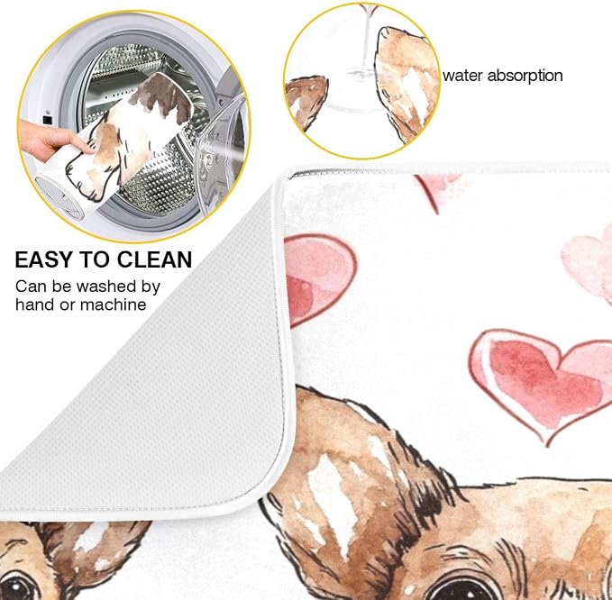 Chihuahua Dog Heart Absorbent Dish Drying Mat, Dishes Drainer Protector Pad Pot Holder for Kitchen 18 x 24 Inch