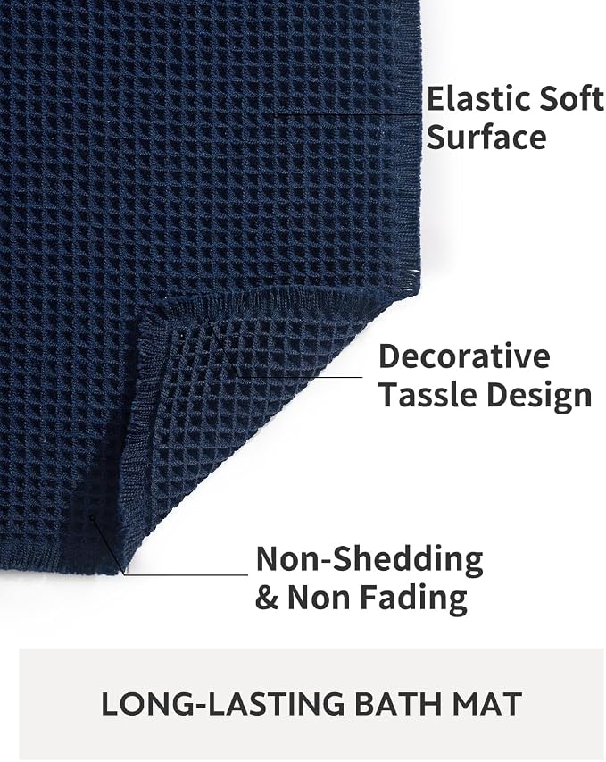 tchdio Waffle Bath Mat-Runner Rug, Super Absorbent Non Slip Bath Mats for Bathroom Machine Washable Long Rugs with Tassels, Bath Rugs for Bathroom Floor Beside Tub, 2' x 6'(24" x 72"), Navy Blue