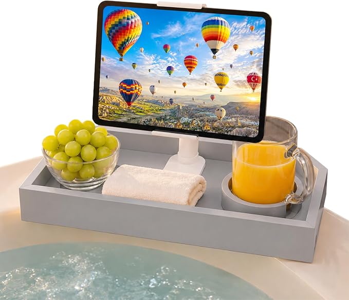 Vespara Bamboo Hot Tub Table with Adjustable Phone Holder, Non Slip Hot Tub Table Spa Gifts for Women, Bathtub Canddy Tray with Wine Glass Holder Tray for Luxury Bathtub& Bathroom Accessories Silver