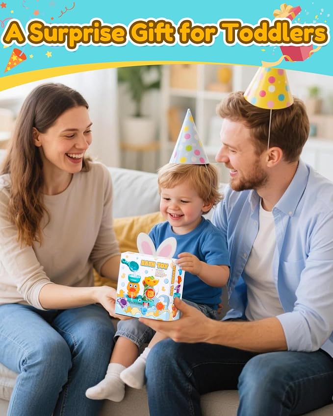 Toddler Bath Toys for Kids Ages 1-3 Waterfall Bathtub Toys for Toddlers 2-4 | with 3 Strong Suction Cups & Stacking Cups Battery-Free Duck Sensory Shower Toys for Boys Girls Gifts