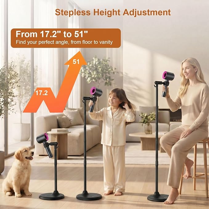 Mistriddle Hands Free Hair Dryer Holder Floor Stand, Adjustable Height (17.2"-51"), Universal Clip with TPU Protection & Organizer Hook, Stable Aluminum Base Blow Dryer Stand Hands Free(Black)