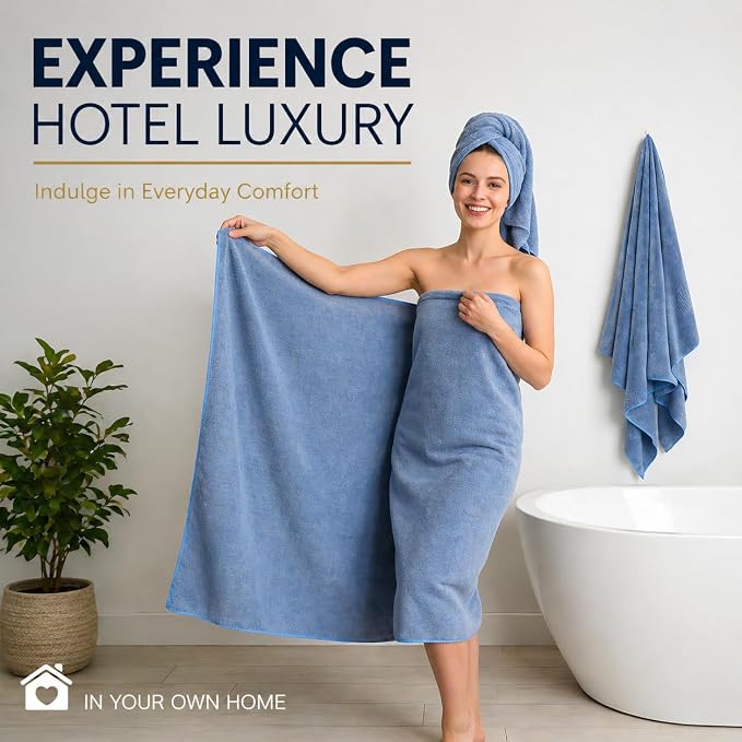 SEISSO 4 Pack Extra Large Bath Towels 63"x35", Bath Sheets for Sensitive Skin 70% Polyester 30% Viscose Fiber from Bamboo, Super Soft, Highly Absorbent & Quick Dry, Oversized (4, Light Blue+Brown)