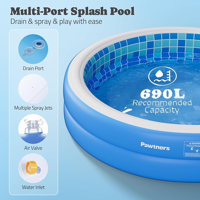 Inflatable Pool for Kids, Non-Slip Sprinkler Splash Pad for Backyard, Thickened PVC Kiddie Pool for Indoor Outdoor, Chew Proof Blow up Pond, Large Swimming Pool for Adult Dog Bathtub (Blue 77x12.2 in)