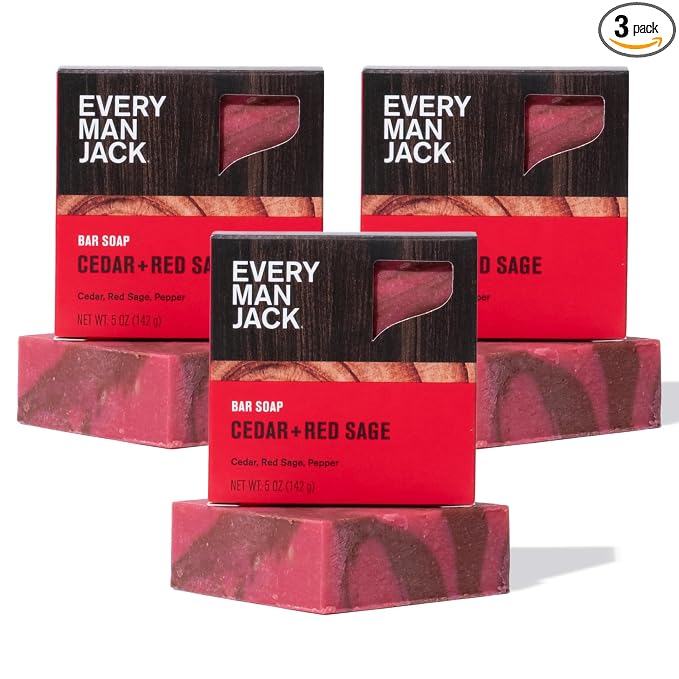 Every Man Jack Cold Processed Mens Bar Soap - Cedar + Red Sage Scent - Deeply Cleans & Hydrates with Shea Butter and Coconut Oil - (3 Pack)