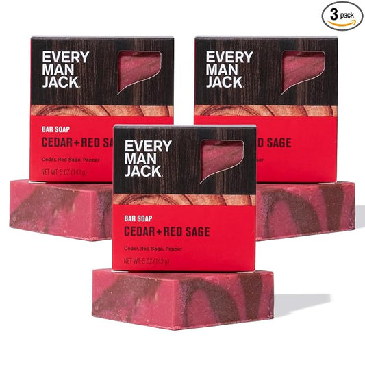 Every Man Jack Cold Processed Mens Bar Soap - Cedar + Red Sage Scent - Deeply Cleans & Hydrates with Shea Butter and Coconut Oil - (3 Pack)