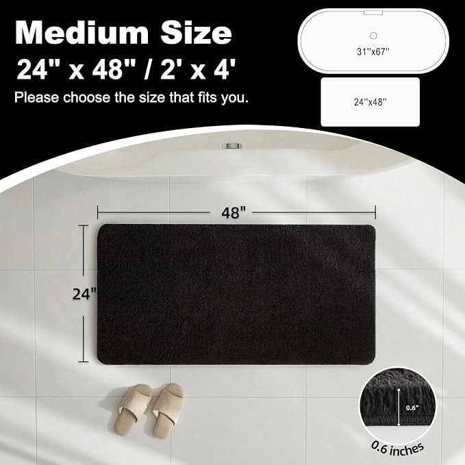 TYUU Black Bathroom Rug, Ultra Soft Bath Rugs Non Slip Washable, Super Absorbent Quick Dry Bath Mat with Rubber Backing for Bathroom Floor, Shower, or Sink, Black 24" x 48"