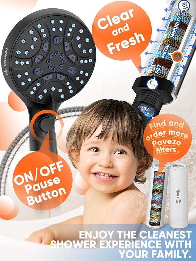 High Pressure Handheld Shower Head with Filter & ON/OFF Switch, Modern Black