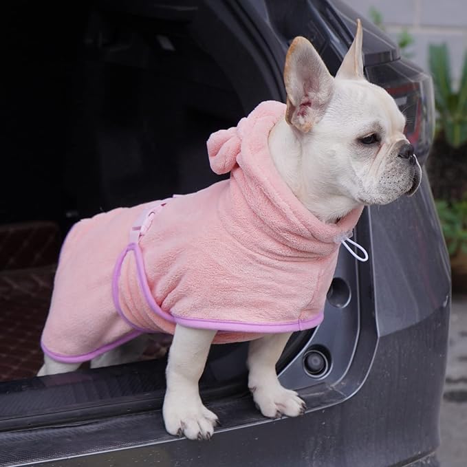 Dog Bathrobe Towel, Cat Bathrobe Microfiber Fast Drying Absorbent Hooded Bath Towel for Puppy Small Medium Large Dog Cat(Pink,L)