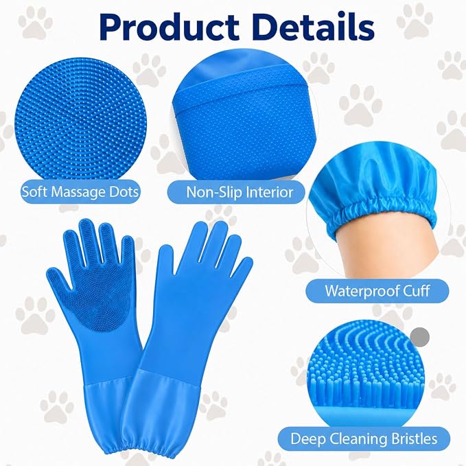 Dog Washing Gloves for Bathing, Thicker Pet Grooming with Extended Elastic Cuff, Silicone Bath Gloves with Soft Massage Bristles for Cats & Dogs