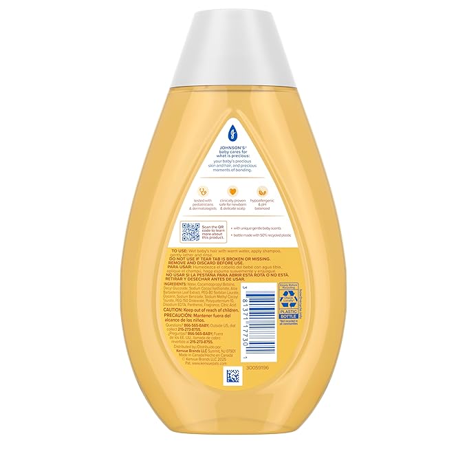 Johnson's Baby Shampoo with Aloe Vera & Vitamin B5, Tear Free, Newborn Essentials, No added Parabens & Sulfates, Hypoallergenic, Baby Essentials, 13.6 fl. oz