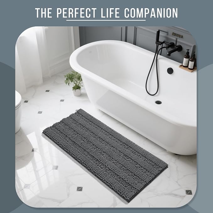 Yimobra Bathroom Rug Mat 47 x 24, Non Slip and Super Absorbent Bath Mat,Machine Washable Quick Dry,Ultra Plush Chenille Shower Rugs for Bathroom Floor Sink Tub and Shower Outside,Dark Gray