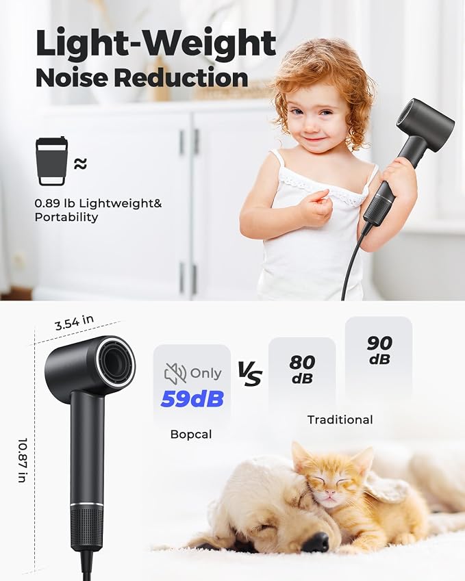 Bopcal Ionic Hair Dryer, 160000 RPM Brushless Motor, Smart Thermo-Control, Negative Ion Fast Drying, Quiet Lightweight Blow Dryer, Cold Air & 4 Heat Settings, for Home Travel Salon (Black)