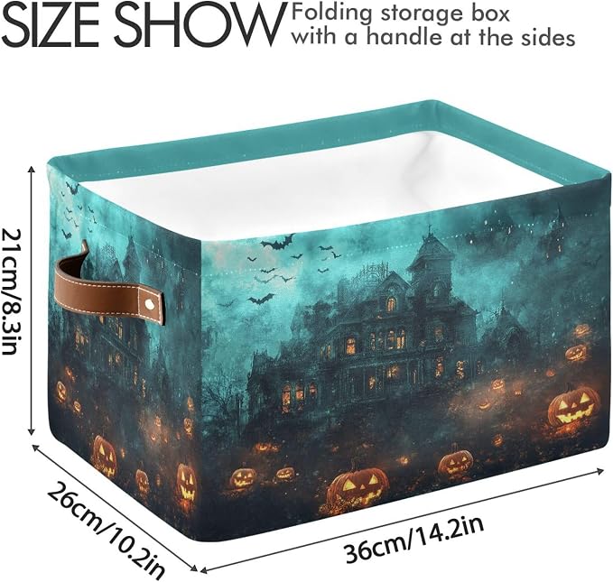 Halloween Castle Storage Basket with Waterproof Liner and PU Handles Spooky Bat Pumpkin Lantern Storage Bins Boxes 14.2" Collapsible Decorative Organizer Baskets for Bedroom Closet Office 2 Pack