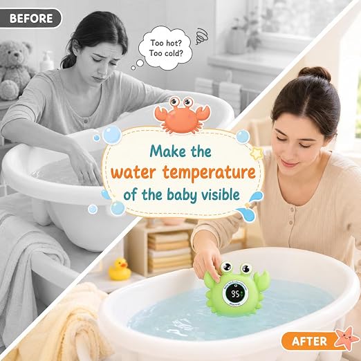 Baby Bathtub Thermometer with LED Display Screen+Green Crab toy-2-in-1 | Color Coded Alarm (Cold/Comfortable/hot) Bath Temperature Monitor, Adorable Floating Toys for Infants, Essential for Babies