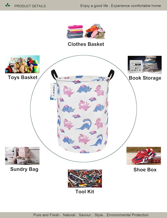 Round Pink Dinosaur Laundry Hamper, Household Storage Bin | waterproof foldable canvas bin with sturdy grip handles, large capacity, tidy organizer for bath linens and kids garments