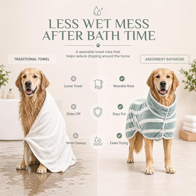 Dog Robe, Towels for Dogs After Bath, Dog Bathrobe for Drying Dogs, Fast Drying Super Absorbent Striped Dog Towel Wrap, Adjustable Warm Pet Bath Supplies (Khaki, X-Small)