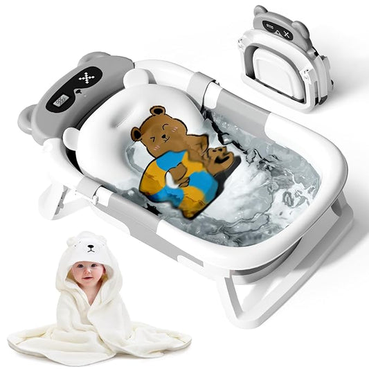 Collapsible Baby Bathtub for Newborn to Toddler (0-18 Months) - Foldable Baby Bath Tub with Soft Towel, Newborn& Infant Bathtub for Travel and Outdoor, Grey