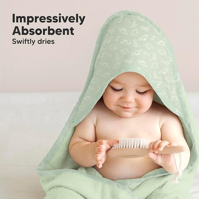 KeaBabies Hooded Baby Towel for Newborn, Baby Bath Towels (Dinos, 30x30) | Viscose Derived from Bamboo, Large Baby Towels with Hood, Boys, Girls, Toddler, Soft Absorbent Baby Bath Essentials