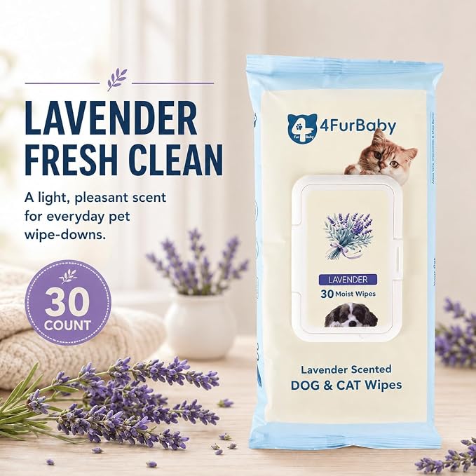 Dog Wipes for Paws and Butt, Lavender, 30 Count | 8" x 8" hypoallergenic and hydrating pet grooming wipes for dogs, cats, and daily care.