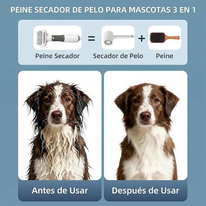 Dog Grooming Dryer with Slicker Brush, 3 in 1 Professional Portable Pet Dryer for Dogs Cats Adjustable Temperature Speed Settings, Pet Blow Brush for Home Travel Use (Gray)