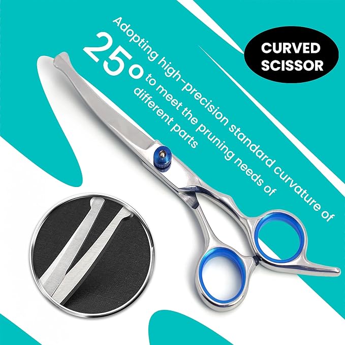 MEDUWEDU 7 in 1 Dog Grooming Scissors Set with Safety Round Head, Sharp and Durable, with Two Stainless Steel Combs, Pet Grooming Scissors for Cats and Dogs