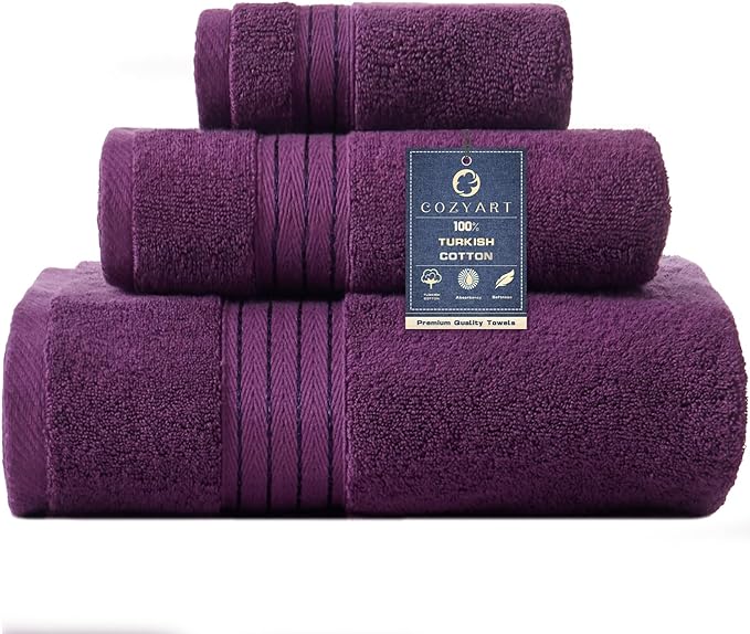 COZYART Luxury Purple Bath Towels Set, Turkish Cotton Hotel Large Towels for Bathroom, Thick Bathroom Set of 3 with 1 Bath Towel, 1 Hand Towel, 1 Washcloth, 650 GSM