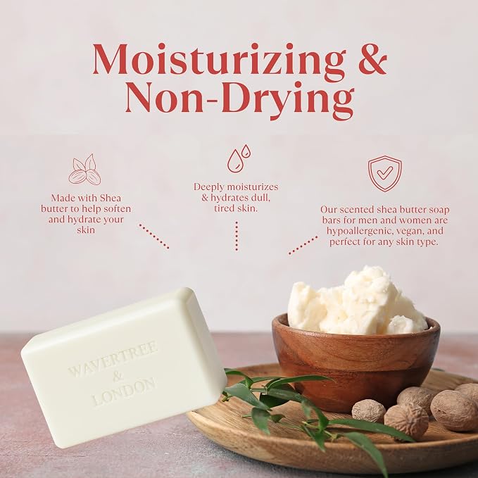 Wavertree & London Poppy Scented Natural Soap Bar, 7oz Moisturizing French Triple Milled Soap Bar for Women & Men Enriched with Organic Shea Butter, Pure Bath & Body Soap (1 Bar)