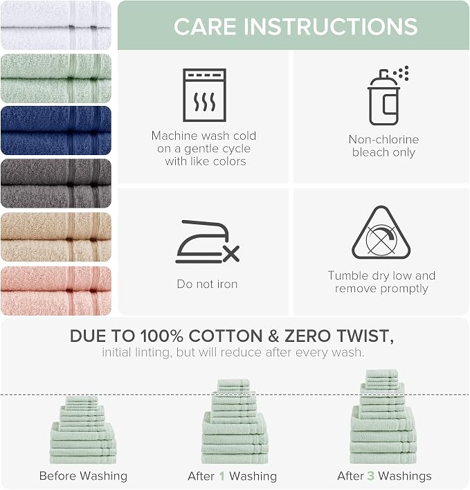 Comfort Spaces 12 Pc Towel Set, 100% Cotton Zero Twist, Seafoam Green | Zero Twist Cotton, Quick Dry Ultra Soft, 4 Bath 4 Hand 4 Washcloth, Lightweight Absorbent for Everyday Bathroom Use