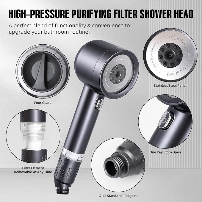 Handheld Filtered Shower Head - High Pressure 4-Spray, 7 Filters, 59" Hose & 2 Brackets, for Hard Water, Pet & Tile, Thick ABS