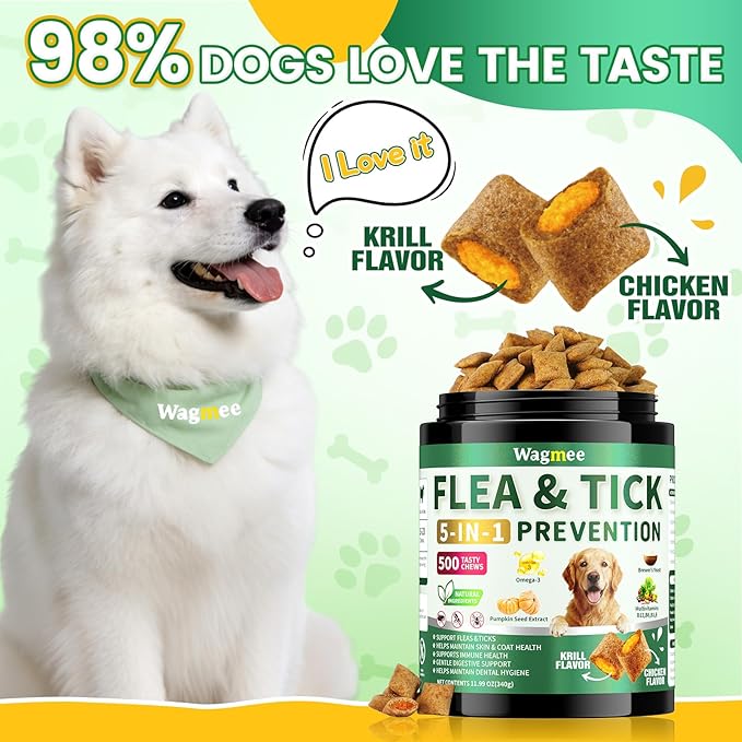 Flea & Tick Prevention for Dogs Chews – 500 Tasty Chicken Flavor Soft Chews, with Pumpkin Seed Extract, Fish Oil, and Vitamins for Dogs, Puppies, All Breeds & Ages.