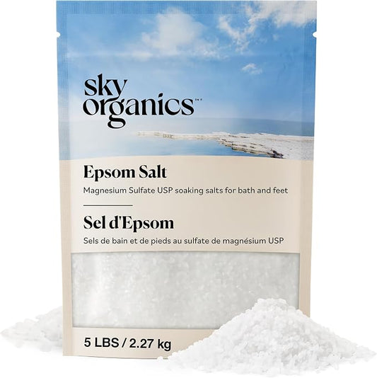 Sky Organics - Epsom Salt Bath Soak, 5 lbs - Magnesium Sulfate USP - 100% Pure, Medium Grain - Unscented - Soaking Bath Salts - Resealable Bag - Natural, Vegan & Cruelty Free - Self Care - Bath & Feet