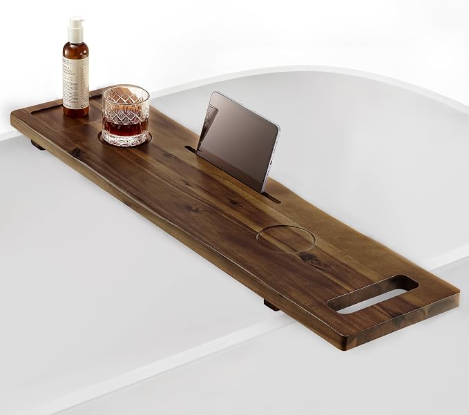 Tinamo Acacia Bathtub Tray Caddy with Adjustable Legs - Bath Tub Tray for Freestanding Tubs - 39x9.75 Inch Large Wooden Anti-Tipping Tub Tray for Bathtub with Accessories Holders (Walnut, 39x9.75) | Acacia Wood, Adjustable Width, 39" x 9.8" x 2.5", Mul...