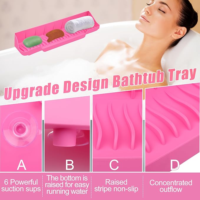 Upgrade Bathtub Splash Guard for Tub 16" x 3.5", Pletpet Silicone Splash Guard for Kids with 6 Suction Blue Cups Toy Tray Caddy Play Shelf for Kids, Bathtub Side Splash (Pink)