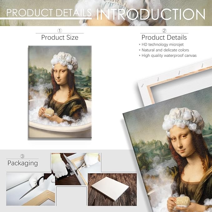 Whimsical Aesthetic Wall Prints – Funny Bathroom Playful Mona Lisa Bathing Art Posters for Home & Apartment Decor 8X12 in Unframed