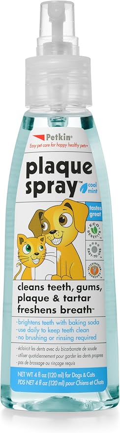 Petkin Plaque Spray, Cool Mint, 4 Fl Oz – Cleans Teeth & Gums, Removes Plaque & Tartar, Freshens Breath & Whitens Teeth with Baking Soda - Ideal Cat & Dog Dental Spray with No Brushing or Rinsing